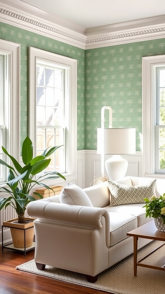 Interior design showcasing clam green wallpaper with light furnishings and plants, creating a serene environment.